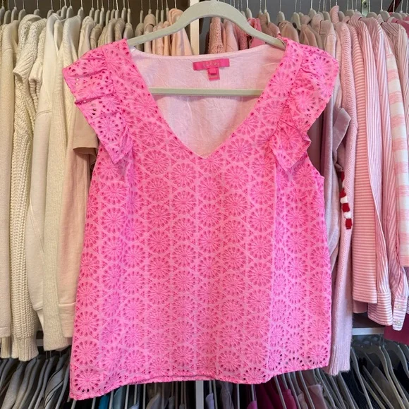 Lilly Pulitzer Hot Pink Eyelet V-Neck Ruffle Sleeve Lina Top - Picture 3 of 5